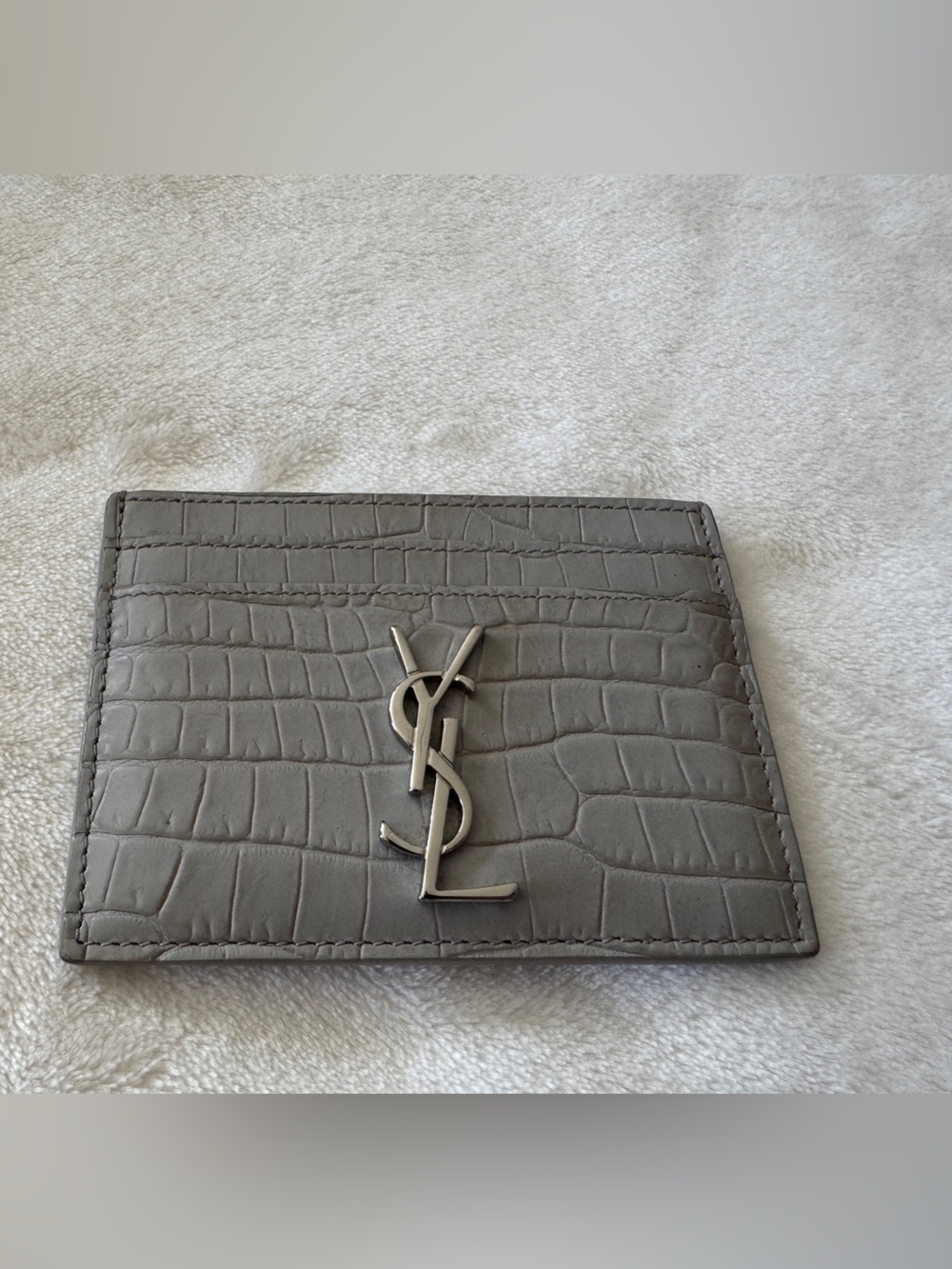 Saint Laurent Croc-Embossed Card Case in Light Grey with Silver YSL